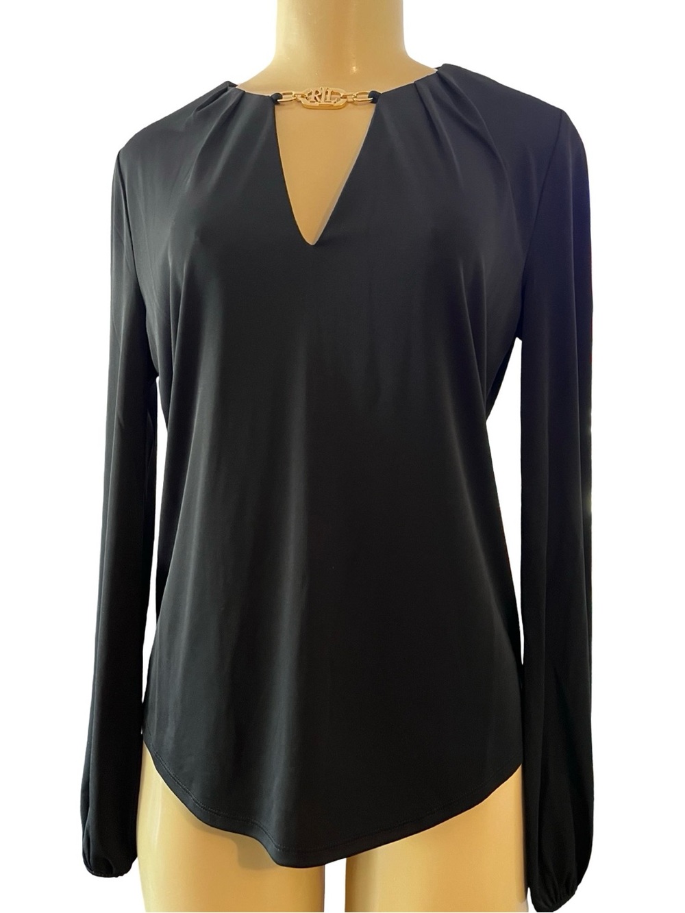 LAUREN Ralph Lauren Black Gold Logo Hardware Stretch Top M NWT $129